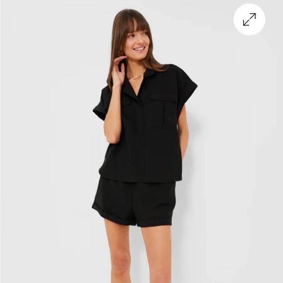 Tuckernuck Scottie shirt Black short sleeve cuffed blouse top small flap pockets - Picture 8 of 9